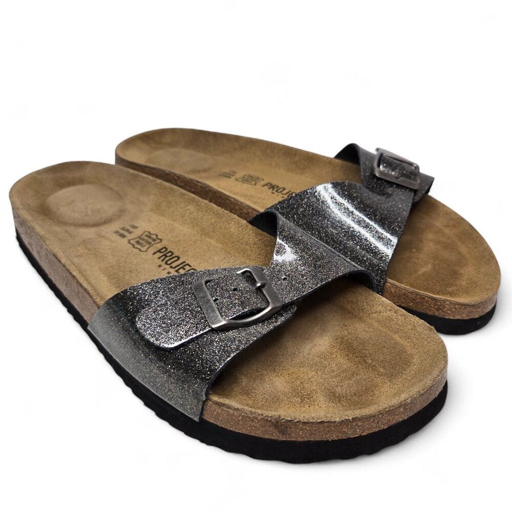 Project Cloud Metallic Strap Slide Sandals Women's Buckle Top‎ Memory Foam W9